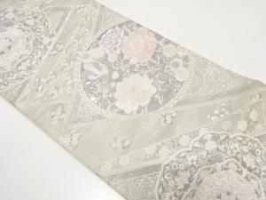 プラチナ箔　華紋に花鳥模様織り出し　袋帯